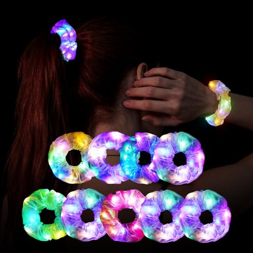 AOOSA Set med 9 självlysande hårscrunchies, 3 LED-belysningslägen, batteridriven, elastiskt hårband för fluorescerande fester, karneval, halloween, konserter, nyår