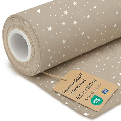 Stoff Meterware Baumwollstoff Waffelpique 0.5 M x 160 cm - Stoffe zum Nähen aus reine Baumwolle Fabric Futterstoff Dekostoff für Patchwork Canvas und Sewing Nähstoff Oeko-Tex Beige mit Weiß Sternen