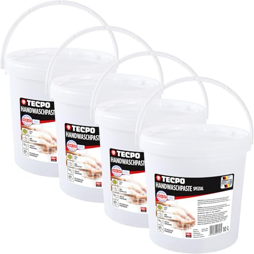 TECPO Handwaschpaste 40 Liter pH-neutral Hautschonend für Hartnäckige Verschmutzungen Handreiniger mit Hautpflege für Tägliche Verwendung in Werkstatt, Industrie und Handwerk 4x10l Eimer