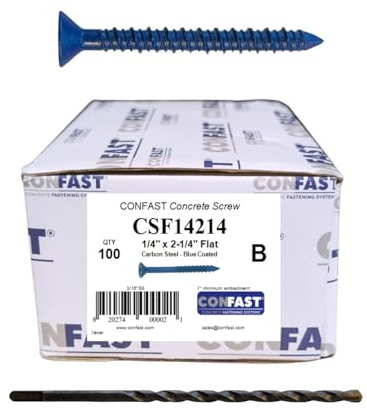 CONFAST 1/4 x 2-1/4 Blue Flat Phillips Concrete Screw Anchor with Drill Bit for Anchoring to Masonry, Block or Brick (100 per Box)