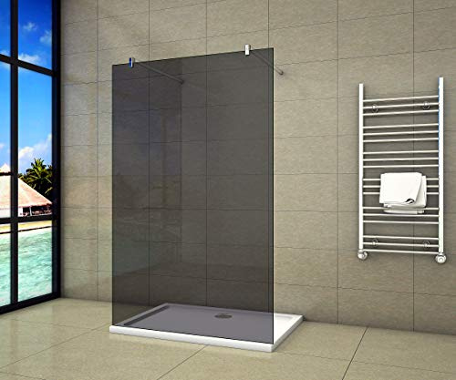 Aica Sanitär Freistehende Duschwand Walk In Dusche 87cm Duschabtrennung 8mm NANO Graues Glas Duschtrennwand 200cm Höhe Splitterschutzfolie