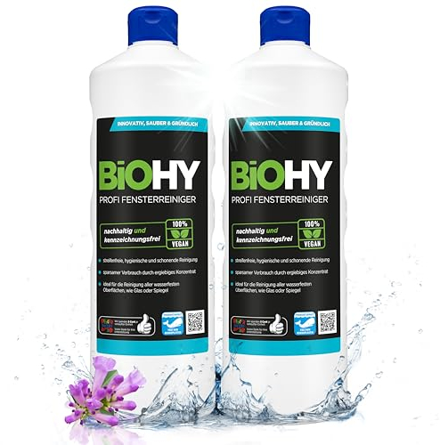 BiOHY Limpiacristales profesional (2 botellas de 1 litro) | Limpiador concentrado de vidrios, para de ventanas | Limpieza optima de vidrios, ventanas y espejos (Fensterreiniger)