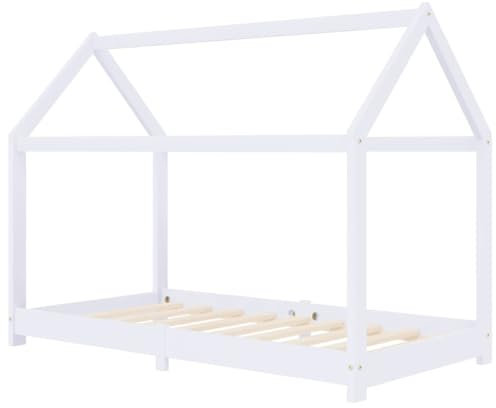vidaXL Kiefernholz Massiv Kinderbett Hausbett Bettenhaus Spielbett Kinder Bett Kinderhaus Holzbett Bettgestell Lattenrost Weiß 70x140cm