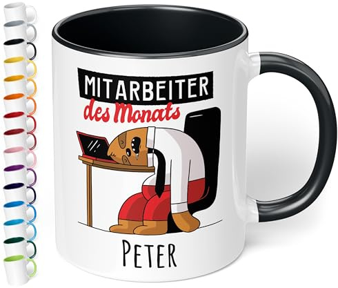 True Statements Tasse Mitarbeiter des Monats - personalisierte Kaffeetasse mit Wunsch-Name - spülmaschinenfest - tolles Geschenk zu Weihnachten, innen schwarz