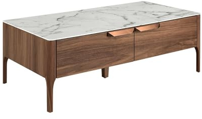 Angel Cerdá – Table Basse Design en Fibre de Verre Effet Marbre et Noyer avec Tiroirs | Table Basse Rectangulaire avec Rangement | Pieds en Bois | Idéale pour Salon | 120 x 60 x 40 cm