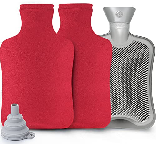 Borsa dell'acqua calda da 2 L, Borsa Acqua Calda in gomma naturale di alta qualità, con rivestimento in morbido peluche, rimovibile e lavabile (1 borsa per acqua calda e 2 copertine rosse)