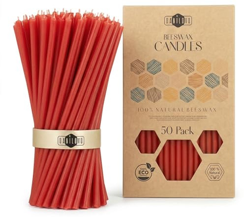 Danilovo Bienenwachs Kerzen 50 Stück (Rot) - Orthodoxe Kerzen für Gebet Rituals Tischdeko - Ungiftig, Ruß - Tropffrei, Lang, Nachhaltige Produkte (Höhe 16,5 cm)