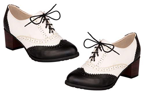 Holibanna Oxford High Heel Schuhe Pu Vintage Oxfords Flügelspitze Schnürblock Damen Mid Heel Pumps Schuhe Retro Round Toe Schuh