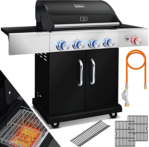 KESSER® Gasgrill mit 4 Brenner + 1x Infrarot Keramik Seitenbrenner & Piezo-Zündung | bis 800°C BBQ Grillwagen aus Edelstahl inkl. Grillrost (66cm) aus Gusseisen, Grillthermometer & Gas-Schlauch