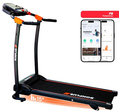 Bonplus BP | Vikbart löpband | Hastighet 12 km/h | 3 lutningsnivåer | LCD-skärm | mobilstativ | USB | MP3-port | 2 flaskhållare | MAX vikt 100 kg