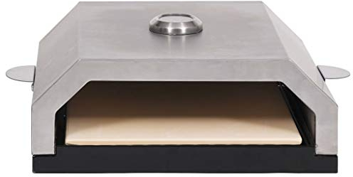 PETSOLA Four à Pizza avec Pierre en céramique pour Barbecue au gaz, Noir et Argenté, Acier inoxydable, Base émaillée, Gaz naturel ou Charbon, 49 x 35 x 15,5 cm