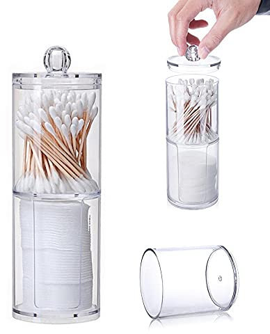 Wenrou 2 Strati Contenitori Batuffoli Cotone, Dispenser per Palline di Cotone, Dispenser Cotone Scatola Portaoggetti, Contenitore Cotton Fioc Acrilico, con Coperchio, Porta Cotton Fioc in Plastica