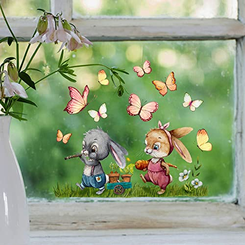 ilka parey wandtattoo-welt Fensterbild Hase Hasen Häschen Flöte Möhre Schmetterlinge wiederverwendbar Fensterdeko Fensterbilder Frühling Deko Dekoration bf134