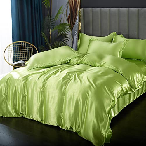 Feelyou Satin Bedding Set Queen Size Bright Green Silk Like Satin Duvet Cover Set Luxury Soft Comforter Cover Bedroom Decor Chic Luxurious Silky Bedspread Cover Zipper (1 Duvet Cover + 2 Pillow Case)