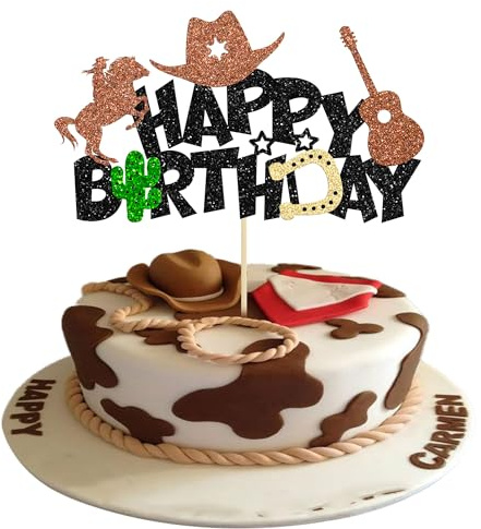 1Pcs Cowboy Happy Birthday Cake Topper Wild West Horse Western Themed Cake Pick Decorations Black Brown Glitter Hat boot Shooting Horse Party Decoration Supplies for Boys Man Kids