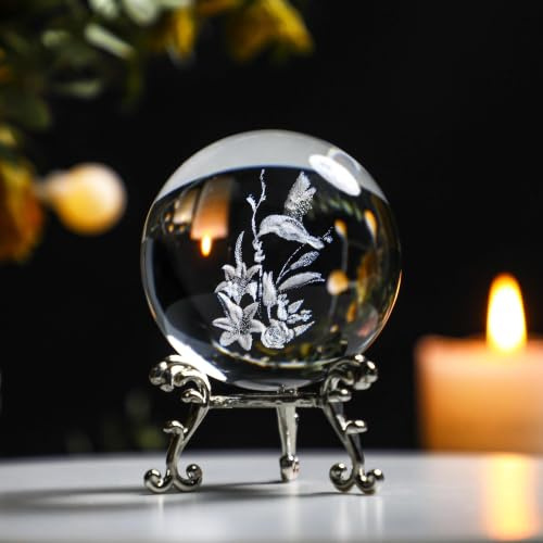 ZEERSHEE 60mm Glass Laser Hummingbird Figurine 3D Crystal Ball Sphere Glass Paperweights Ornaments Crystal Ball with Stand Christmas Hummingbird Gifts for Women