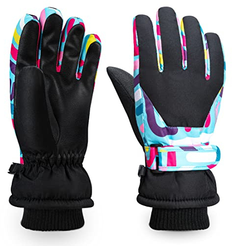ThxToms skidhandskar för barn | Vinter snö skidhandskar – 15 ℃ | PU palm vindtäta, vattentäta varma fleece | Sport snowboard, skidåkning, cykelhandskar | pojke och flicka för 4–13 år