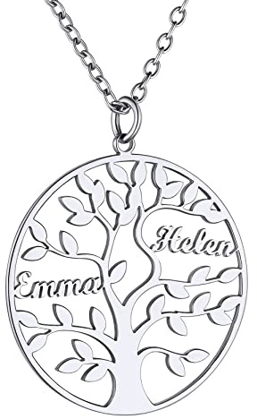 GoldChic Collier Arbre de Vie Personnalisé Prénom 2 Prenom Pendentif Femme Généalogique Nom des Enfants Famille Cadeau Maman BFF Bijoux Fêtes des Mères Chaine Forcat Acier 50 cm d'amitié Fille