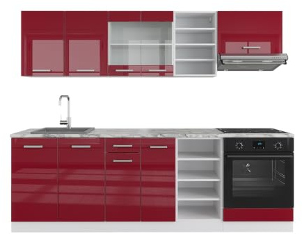 Vicco Küchenzeile R-Line, Rot Hochglanz/Weiß, 240 cm, AP Marmor