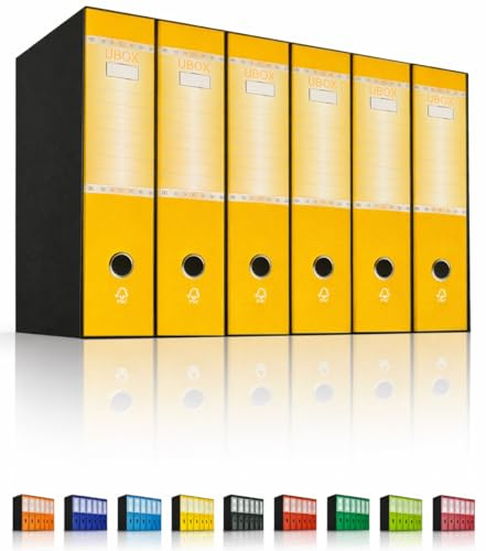 LogicaShop UBOX Raccoglitori ad Anelli A4 Grandi con Custodia, Faldoni Archivio, Classificatori Documenti Dossier Ufficio, Dox Registratore a Leva Raccoglitore (6Pz Commerciale, Giallo, Dorso 8)