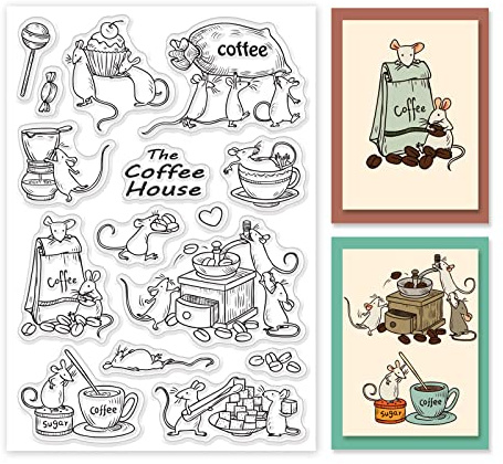 GLOBLELAND Maus Kaffee Transparente Silikonstempel Kaffee Klare Stamps Cartoons Tiere Silikonstempel Für Kartengestaltung DIY Prägung Journaling