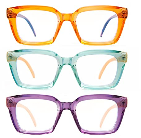 Amorays Lesebrille Oversize Square Frame Vintage mit Anti-Licht Blau Linsen Reißverschluss Feder Brille Presbypia Leser für Damen Herren 6561NEW(Orange&Grün&Violett,+2.0)