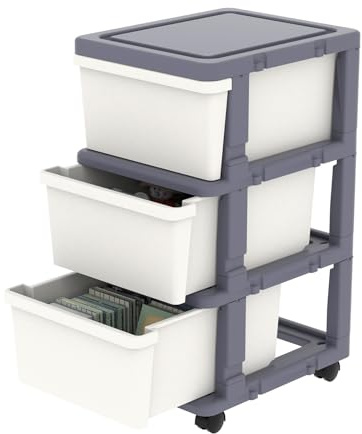 Cetomo Cassettiera in Plastica con Ruote, Cassetti di Stoccaggio, Cassetto, Torre per Casa, Ufficio, Armadio, Camera da Letto, Dormitorio, Smontabile, Scatola, PP, Bianco e Grigio (3 Cassetti)