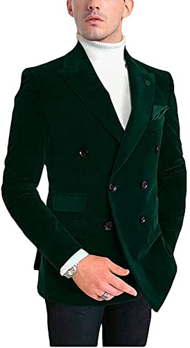 Herr dubbelbröst sammet blazer notch kavajslag smoking jacka bröllopsfest kappa vardagskläder, Mörkgrön, 54 SE