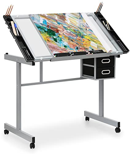MoNiBloom Mesa de Dibujo de Vidrio con Almacenamiento y Bandeja Lateral, Ajustable de 0 a 65 Grados, estación de Manualidades versátil, pies reemplazables, Mesa de Dibujo inclinable sobre Ruedas