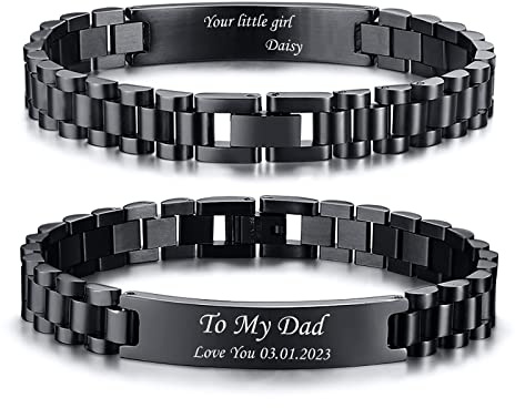TempBeau Daddy Gift Mens Bracelet : Engraved Dad Black Link Chains Stainless Steel 21cm Personalised Men Bangle Jewelry Gift in Father's Day Birthday Thanksgiving Christmas