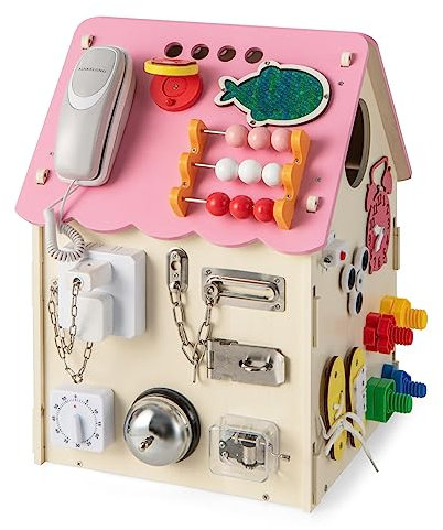 DREAMADE Cube d'Activités Enfant en Bois, Maison de Jeu Montessori avec 33 Composants et Espace de Rangement Intérieur, Jouet Éducatif Convient aux Enfants 3+ Ans (Rose)