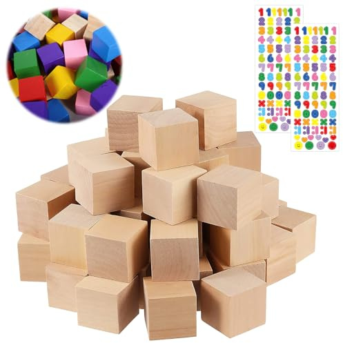 35 Stück 30x30x30mm Holzklötzchen zum Basteln,3cm Blanko Bastelklötzchen, Holzstücke für DIY & Handwerk, Holzwürfel,Holz Deko Holzrohlinge zum Bemalen Inkl. 2 Nummernaufkleber