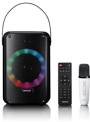 Lenco BTC-060BK - Karaoke-Set mit Bluetooth®, wiederaufladbarem Akku, drahtlosem Karaoke-Mikrofon und Disco-LED-Beleuchtung - Schwarz