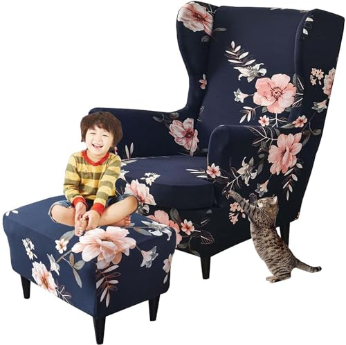 Sesselüberwürfe Elastisch 3-teilig Sesselbezug Ohrensessel Überzug Mit Ottomane Schonbezug Ohrensessel Bezug Bezug Sesselhusse Stretch Husse Für Ohrensessel (Color : #11, Size : Wingback Chair Cover