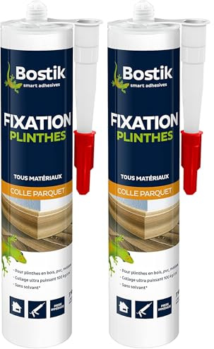 Bostik Colle de Fixation pour Plinthe en Bois, PVC et Medium – Colle Mastic Acrylique pour Parquets – Usage Intérieur – Prise Immédiate – Sans Solvant – Blanc – Cartouche 310 ml (Lot de 2)