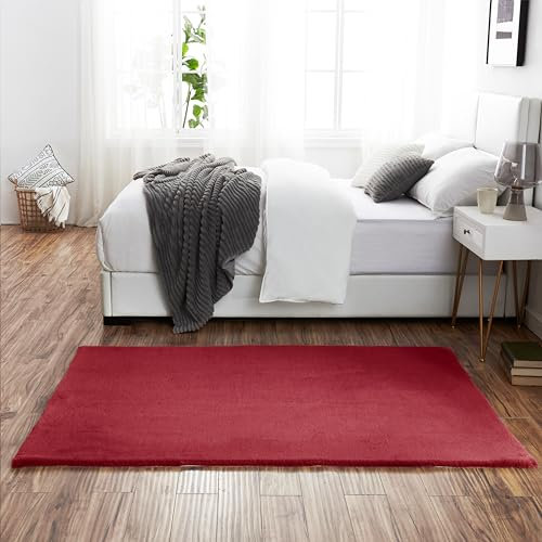Teppich Wölkchen Fellteppich Kunstfell Teppich Waschbar, Hasenfell Imitat, Kaninchenfell, Kurzfell - Flauschiger Teppich Wohnzimmer, Bettvorleger Schlafzimmer - Rot - 140x200cm