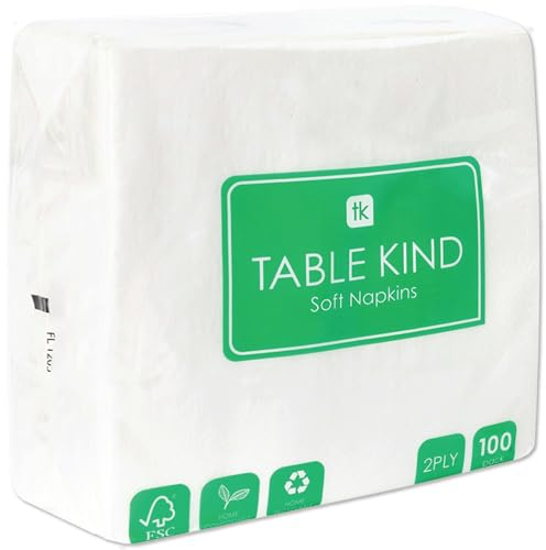 Table Kind 100 weiche weiße Servietten in Großpackung, hochwertige Servietten für Partys, Catering und den täglichen Gebrauch, FSC, nachhaltig und recycelbar, hergestellt in der EU | 2lagig | 33cm
