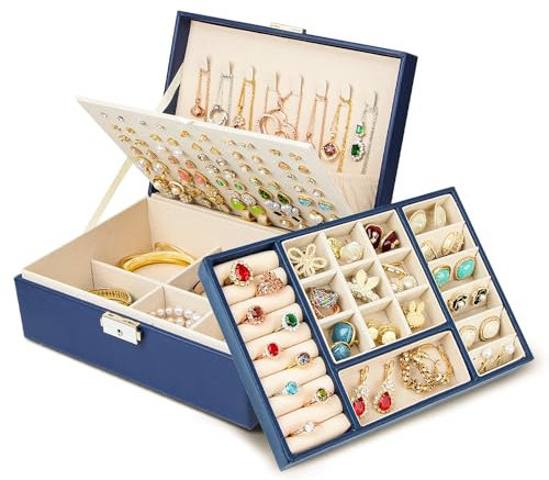 Chelory Jewellery Box Large Jewellery Organiser for Women Girls, 3 Layer Jewellery Case for Necklace Earrings Rings Bracelets Ladies, Travel Jewelry Storage with Stackable Layer (Dark Blue)