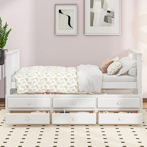 MQLAE Kinderbett 90x200cm mit 90x190cm ausziehbares Bett, Einzelbetten, Kinderbetten, Tagesbetten, Massivholzbetten, Holzbett mit DREI Schubladen, Bett für Mädchen und Jungen, ohne Matratze, Weiß