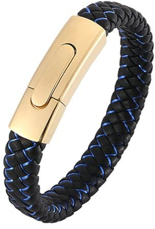 Beydodo Leder Armbänder für Herren mit Druckknopfverschluss, Armband Personalisiert 12MM Gewebt Freundschaftsarmband Partnerarmband Schwarz Blau Leder 16.5CM