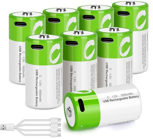 letoom C Batteries Rechargeable with USB 4 in 1 Cable 8 Pack C Size Cell Lithium Batteries LR14 5000mWh 1.5V Li-ion Power for Long-Lasting Use in Floodlights