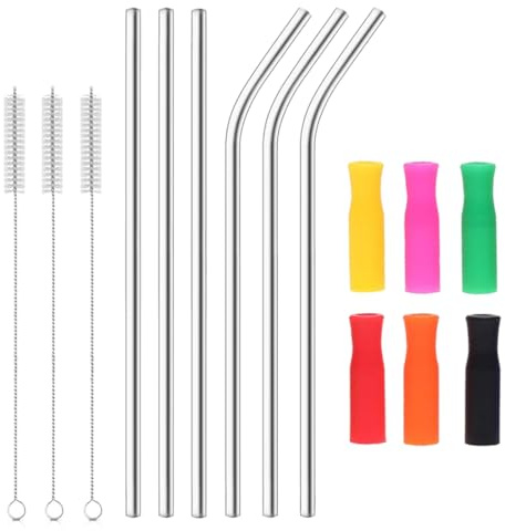 Pajitas Reutilizables Acero Inoxidable 18 Piezas (6 Rectas + 6 Curvas), Pajitas Comestibles de 21 cm con 3 Cepillos de Limpieza&6 con tapa de silicona, Pajitas Metal para Cócteles