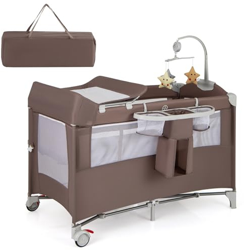 GOPLUS Cuna de Viaje para Bebé 5 en 1, Cuna Colecho Plegable con Cambiador de Pañales, Juguetes, Caja de Música, Colchón y Estante, Cuna Bebe Portátil con Bolsa de Transporte (Marrón)