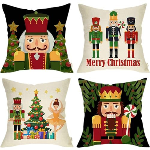 Hrippy Ensemble De Housses d'oreiller De Noël, Housse De Coussin Décorative Noël Casse-Noisette, Housse De Coussin De Dessin Animé, Décoration De Maison 4 Pièces