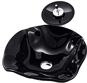 Badezimmer-Waschbecken mit Wasserhahn und Abfluss, Kombi-Waschbecken, Aufsatzwaschbecken aus gehärtetem Glas, schwarzes, unregelmäßig geformtes Aufsatzwaschbecken, Kunstwaschbecken