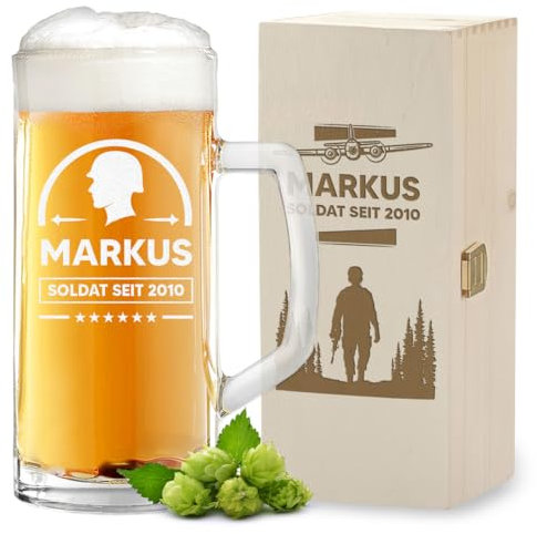 polar-effekt Boccale da birra da 0,5 litri e scatola in legno, set da 2 pezzi, con incisione, personalizzabile, con nome, idea regalo per uomini, per compleanno e festa del papà