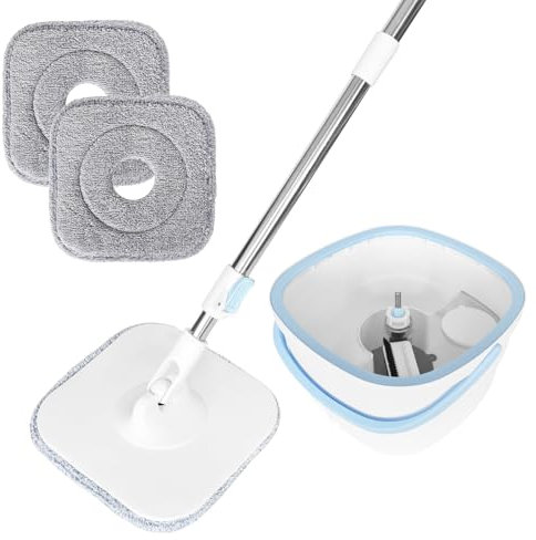 Wischmopp Set mit Eimer 130cm, 2-in-1 Filtersystem Trennt Schmutz von Frischwasser, Putzeimer Bodenwischer mit Auswringfunktion, mit 2 Mikrofaserbezug, für Fenster- Bodenreinigung