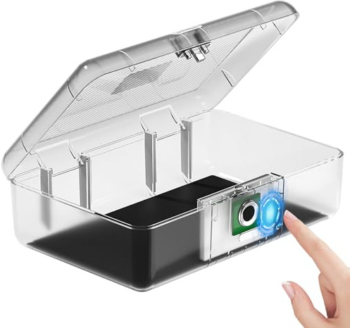 AICase Safe mit biometrischer Fingerabdruckerkennung für Reisen und Zuhause, Tragbare Sicherheitsbox mit Fingerabdruck und Morsecode, Geldkassette, Sicherheitssafe, Tresorfach, Klar