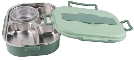 Yfsan Edelstahl -Lunchbox 4 -GRID Tragbarer B ento Box Food Storage Container für Erwachsene der Schüler (Lunchbox mit vier Gitter mit Suppenschüssel: Grün (Löffel)