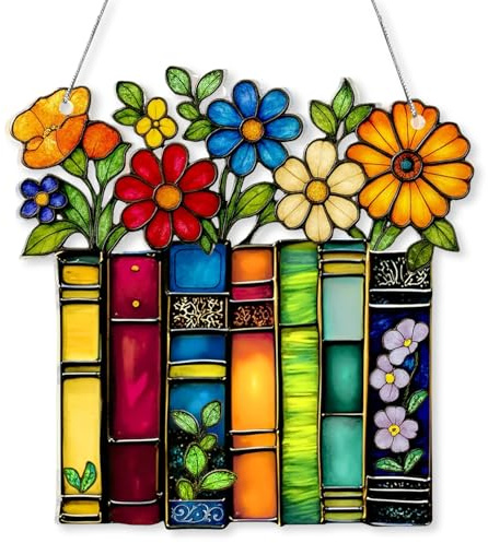 Garden Wall Decorations 2D Book Ornament, Floral Book Shelf Decor with Stained Glass Effect, Suncatchers for Windows, Bookish Gifts for Books Decor, Librarians, Teachers, Books Lovers Gifts
